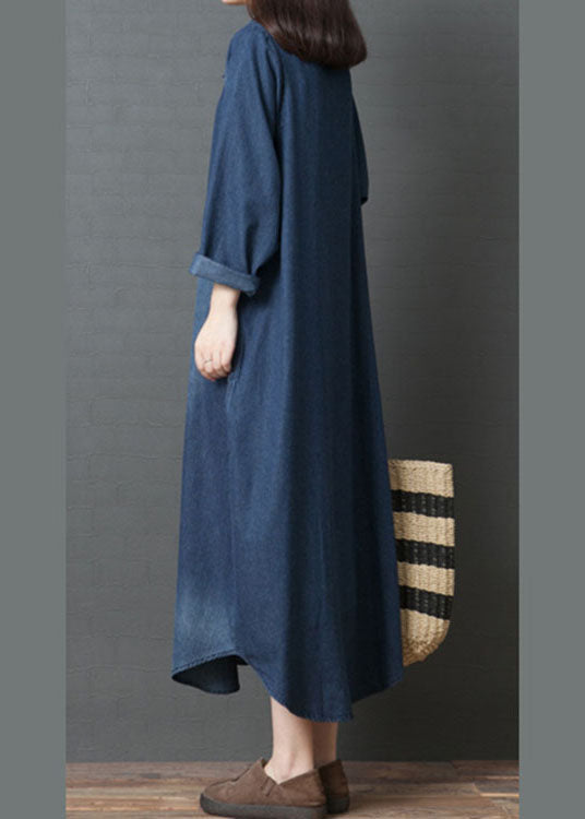 Handmade Blue Peterpan Collar Pockets Patchwork Fall Denim Long Sleeve Dresses