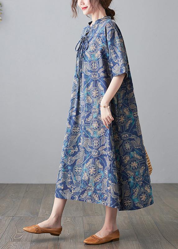 Handmade Blue Print Loose Maxi Summer Cotton Linen Dress