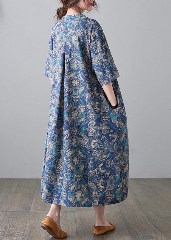 Handmade Blue Print Loose Maxi Summer Cotton Linen Dress