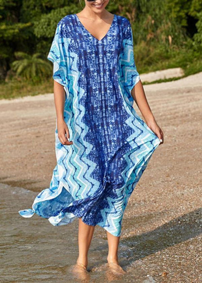 Handmade Blue Print V Neck Beach Gown Summer Maxi Dresses