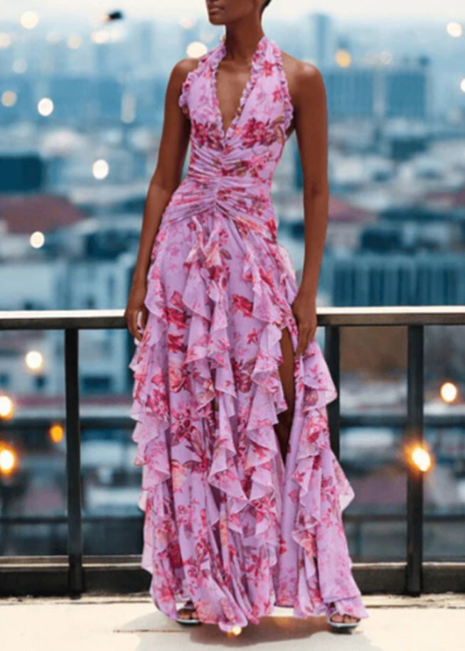 Handmade Blue Ruffled Asymmetrical Print Chiffon Long Dresses Sleeveless