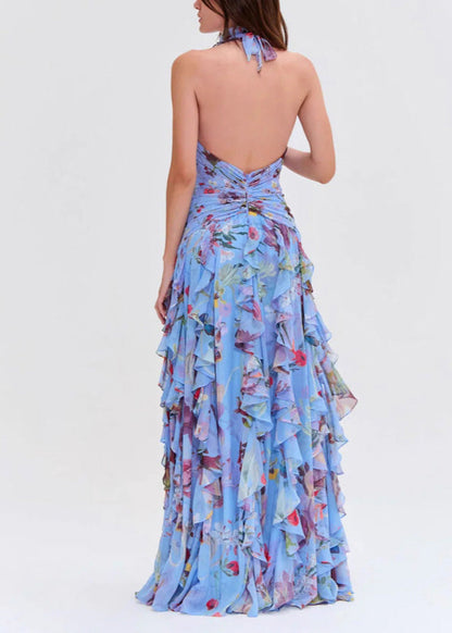 Handmade Blue Ruffled Asymmetrical Print Chiffon Long Dresses Sleeveless