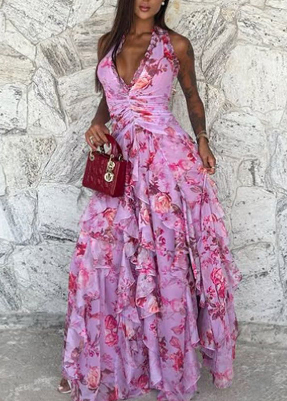 Handmade Blue Ruffled Asymmetrical Print Chiffon Long Dresses Sleeveless