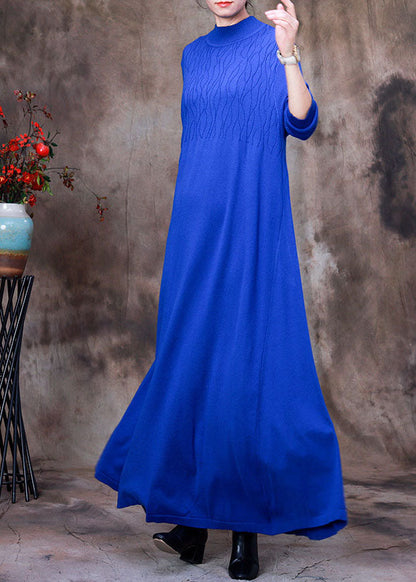 Handmade Blue Stand Collar Slim Fit Knit Long Dresses Spring