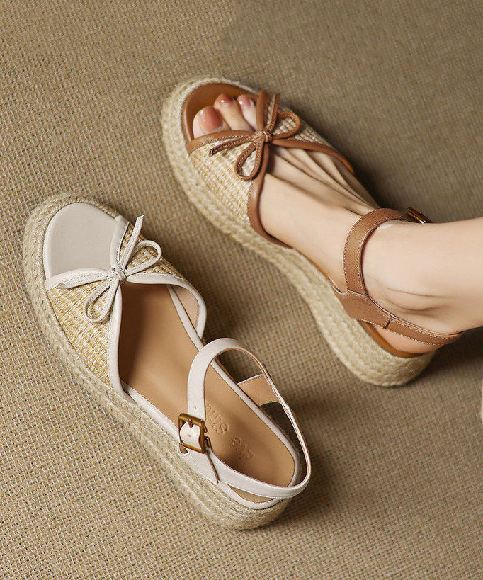 Handmade Brown Sandals Splicing Bow Wedge Sandals