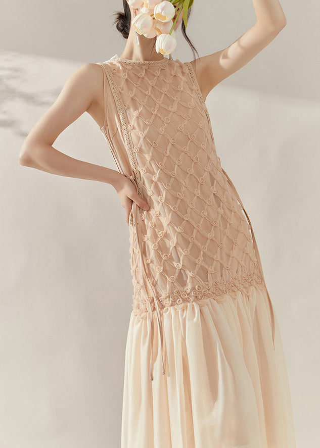 Handmade Champagne O-neck Tie Waist Tulle Patchwork Long Dress Sleeveless