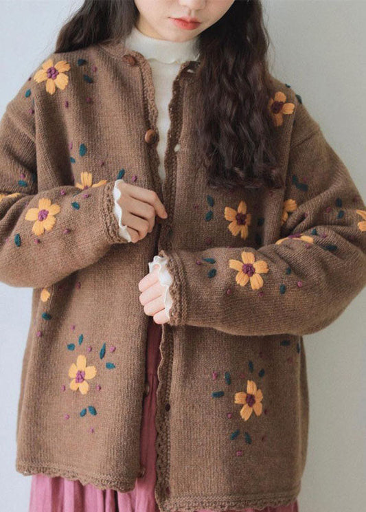 Handmade Coffee Embroidered Lace Patchwork Cotton Knit Coats Long Sleeve