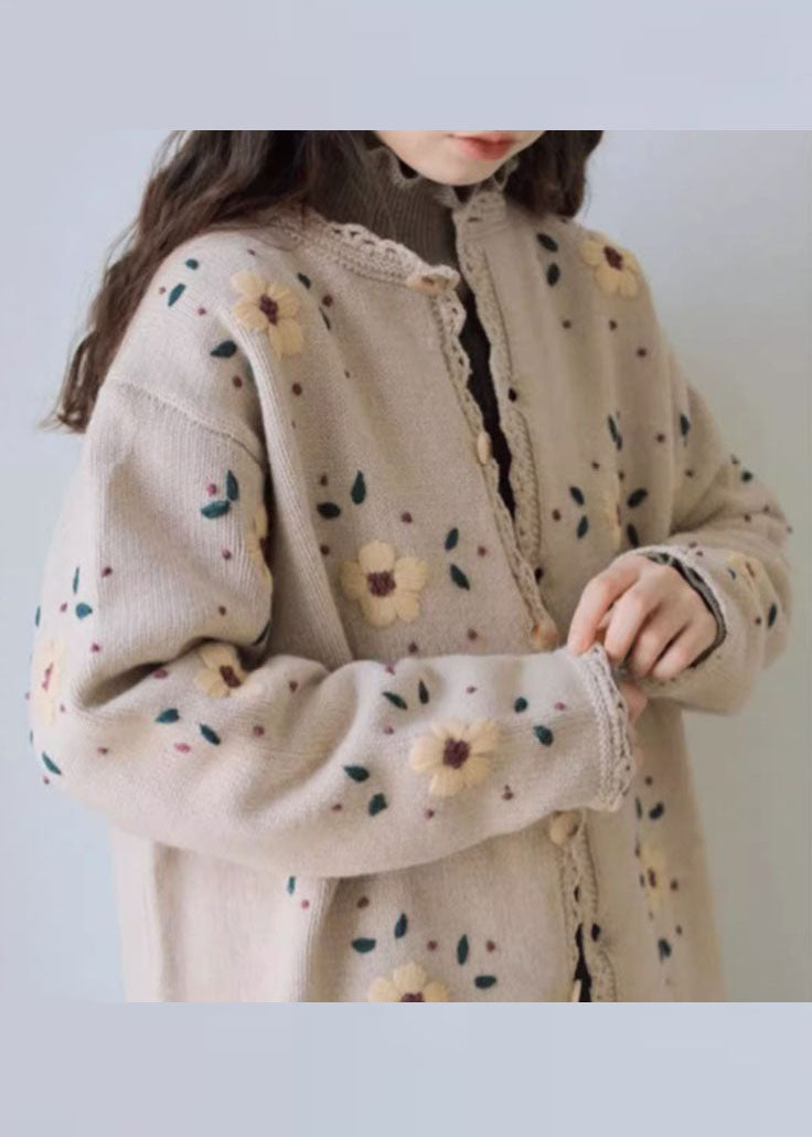 Handmade Coffee Embroidered Lace Patchwork Cotton Knit Coats Long Sleeve