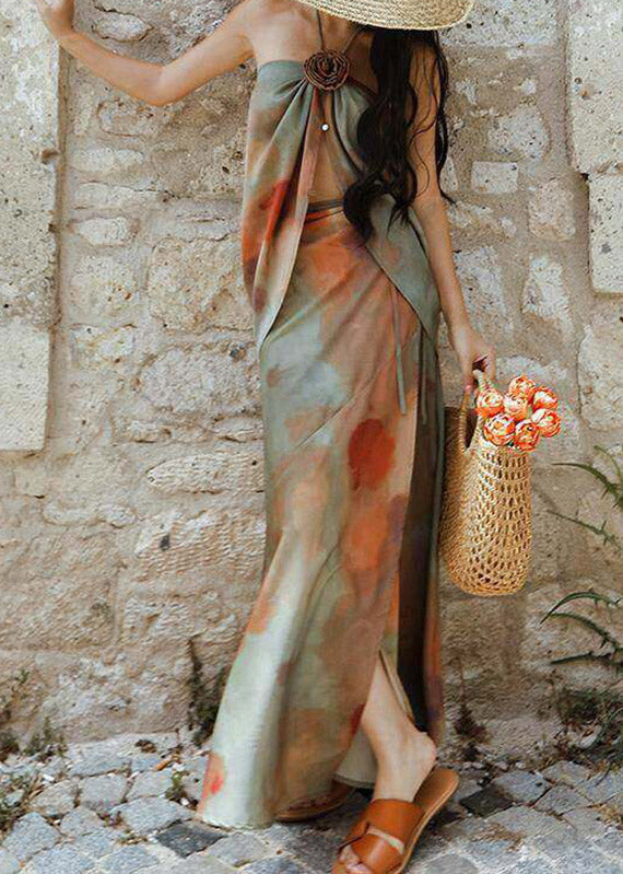 Handmade Cold Shoulder Print Rose Top and Maxi Skirts Two Piece Set Sleeveless