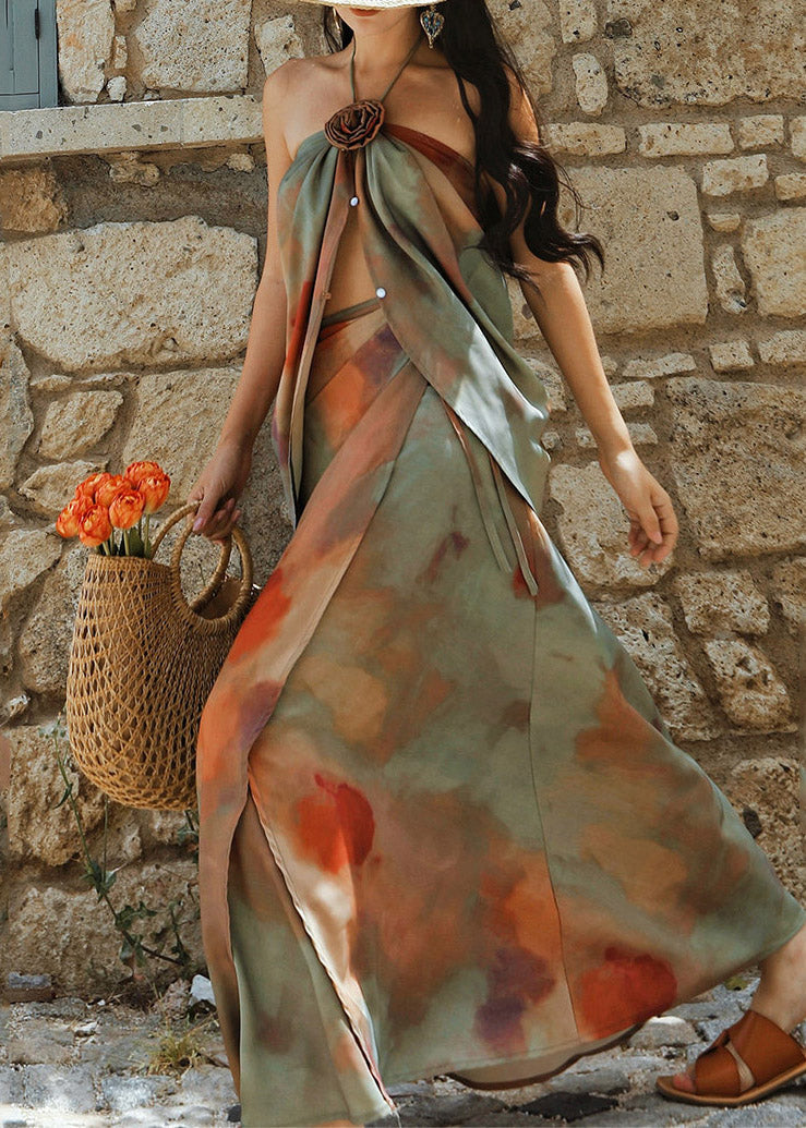 Handmade Cold Shoulder Print Rose Top and Maxi Skirts Two Piece Set Sleeveless