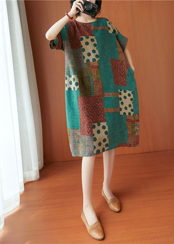 Handmade Colorblock O-neck Print Cotton Dresses Short Sleeve