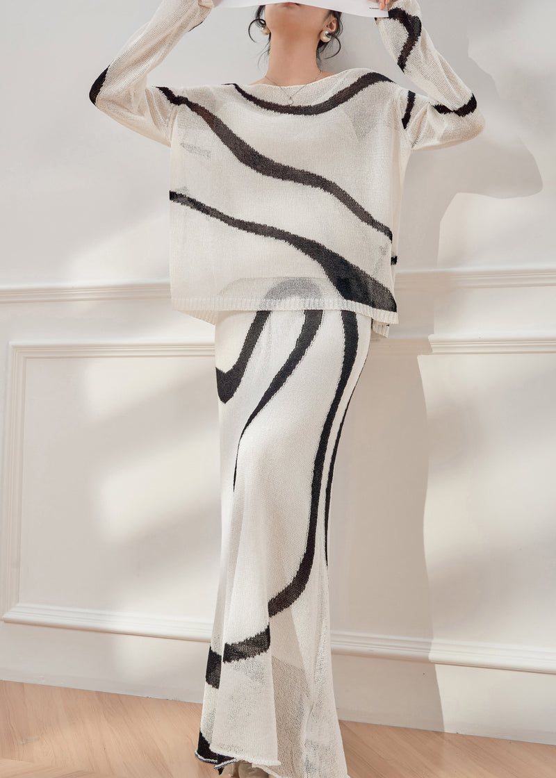 Handmade Colorblock Striped Knit Top and Maxi Skirts Two Pieces Set Spring
