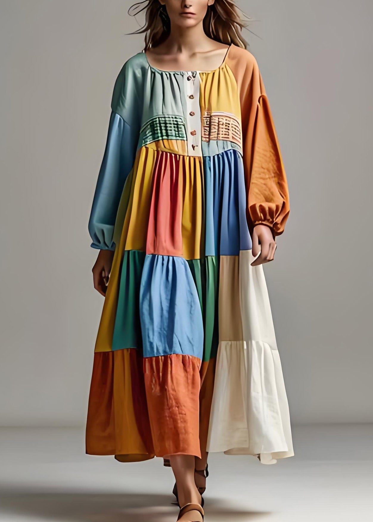 Handmade Colorblocku Neck Wrinkled Patchwork Cotton Dresses Summer