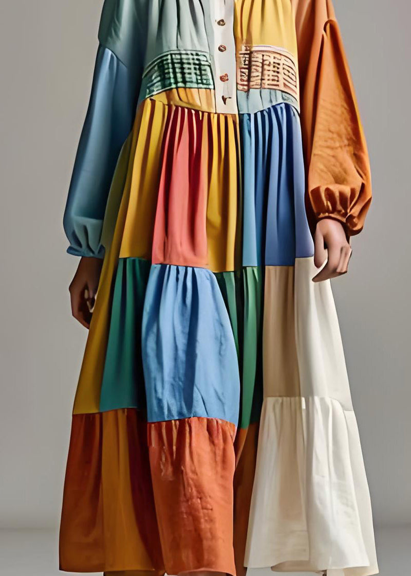 Handmade Colorblocku Neck Wrinkled Patchwork Cotton Dresses Summer