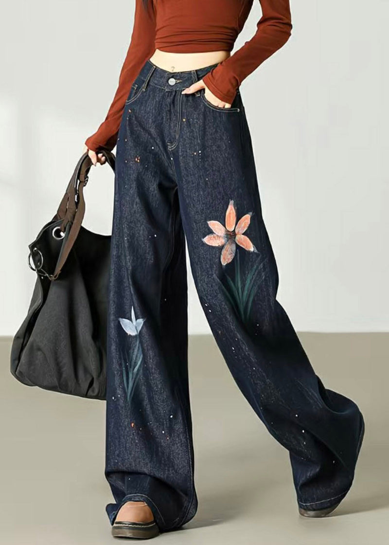 Handmade Dark Blue Pockets Print Wide Leg Jeans Summer