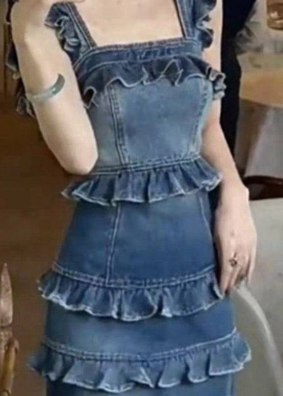 Handmade Denim Blue Ruffled Patchwork Long Spaghetti Strap Dress Summer
