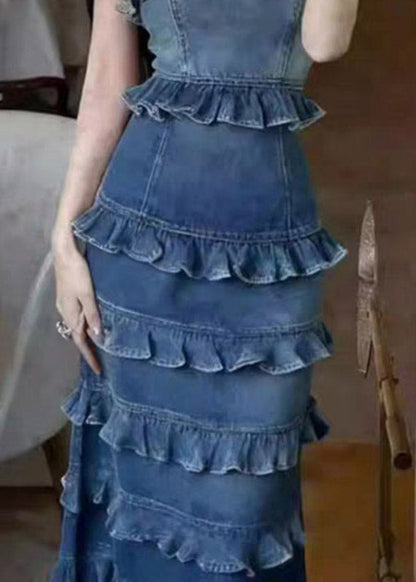 Handmade Denim Blue Ruffled Patchwork Long Spaghetti Strap Dress Summer
