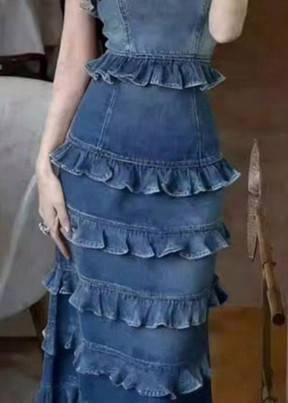 Handmade Denim Blue Ruffled Patchwork Long Spaghetti Strap Dress Summer