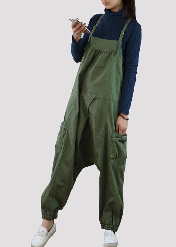 Handmade Green Pockets Button Fall Cotton Romper Outfit