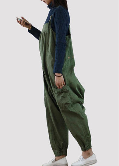 Handmade Green Pockets Button Fall Cotton Romper Outfit