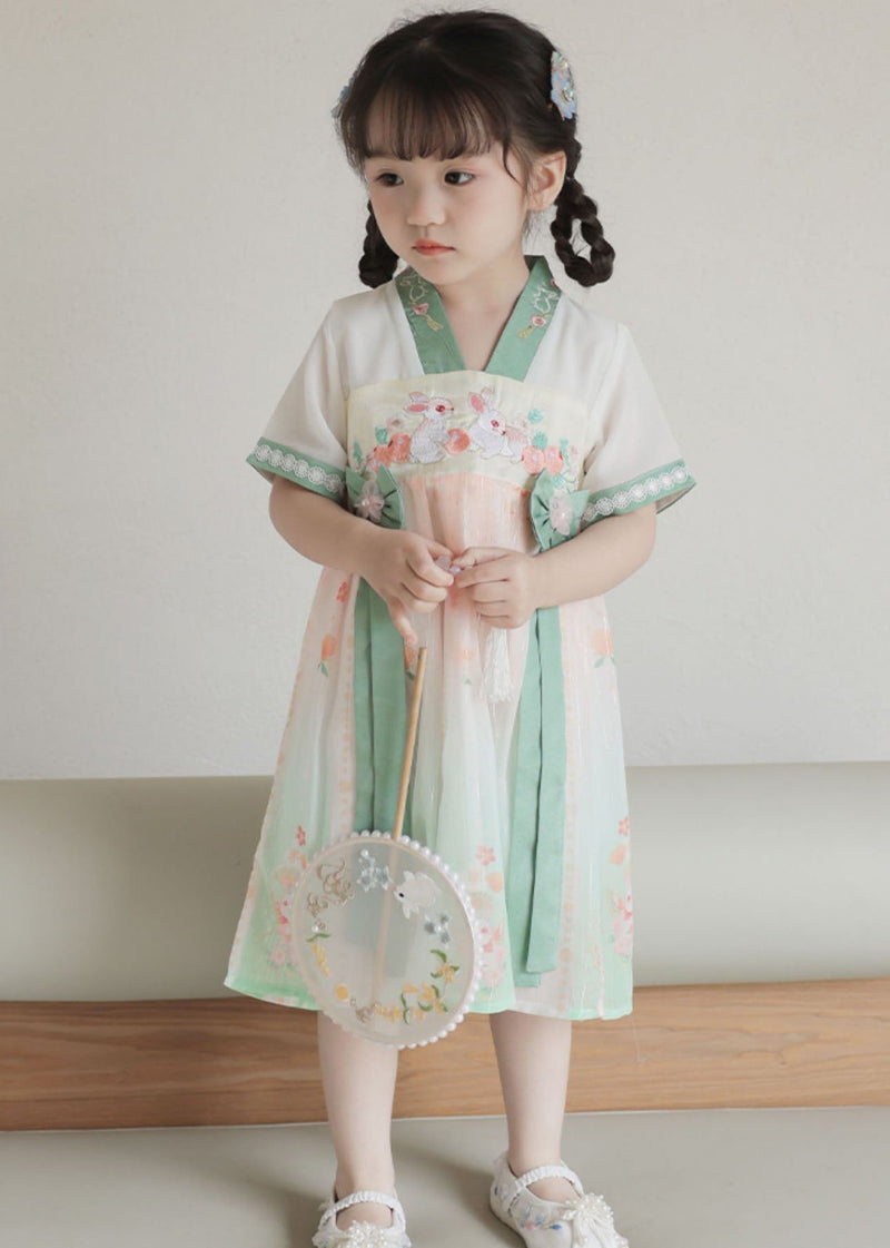 Handmade Green Embroideried Patchwork Chiffon Baby Dresses Summer