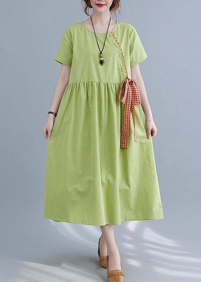 Handmade Green Loose Cotton Linen Summer Party Dress