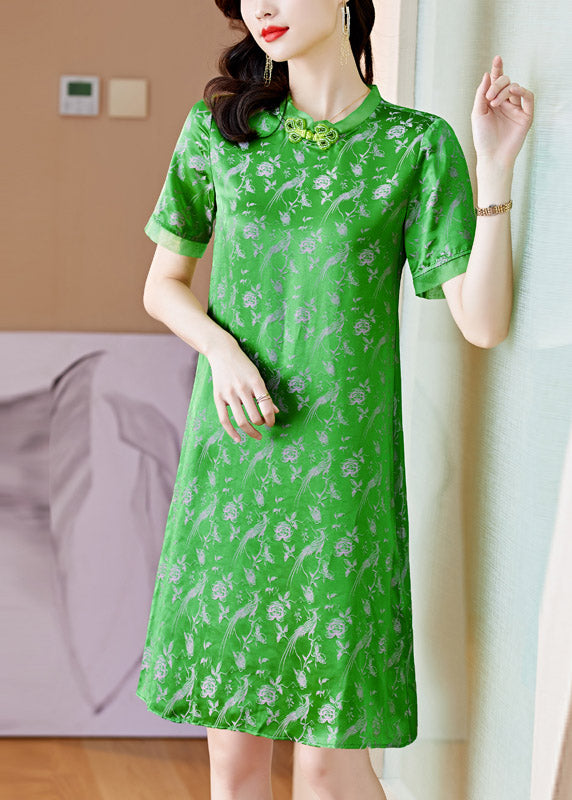 Handmade Green O-neck Print Button Silk Mid Dress Short Sleeve