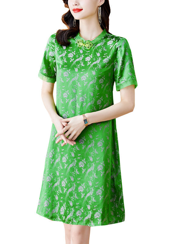 Handmade Green O-neck Print Button Silk Mid Dress Short Sleeve