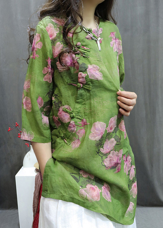 Handmade Green O-neck Print Button Top Summer