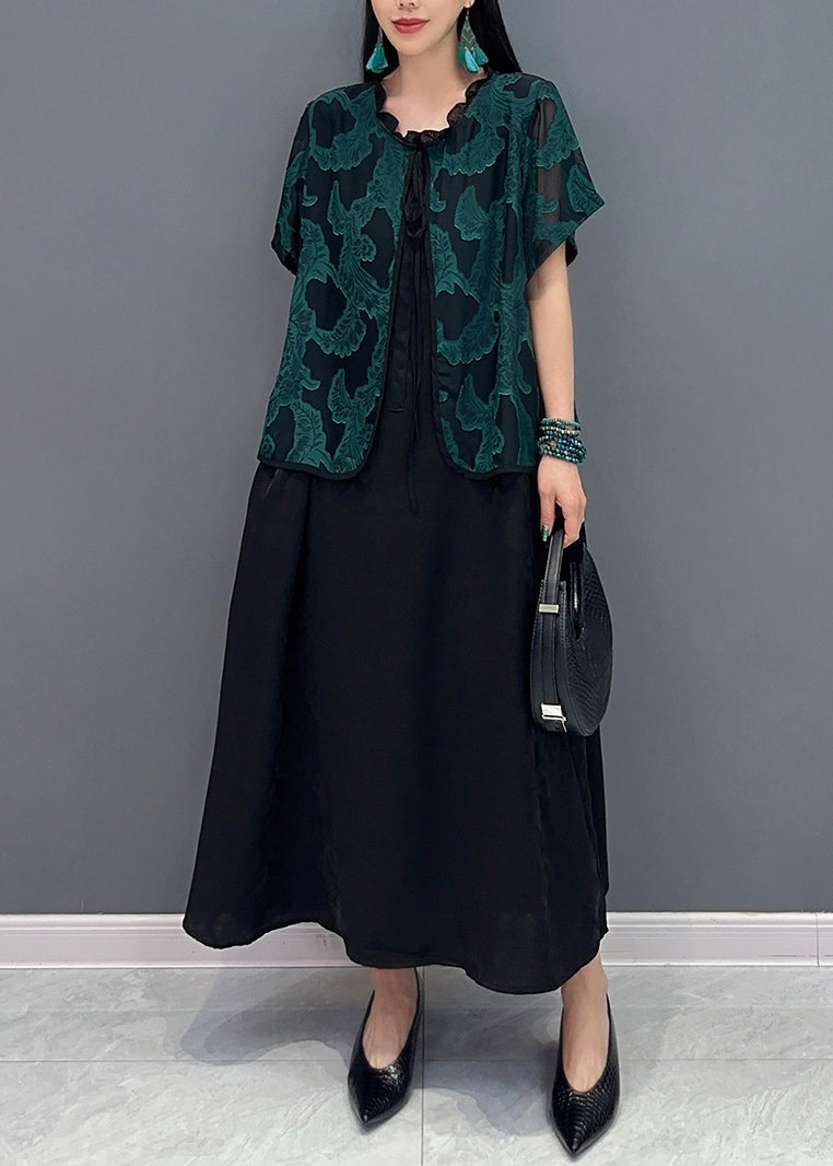 Handmade Green O-neck Print Fake Two Pieces Long Dress Summer