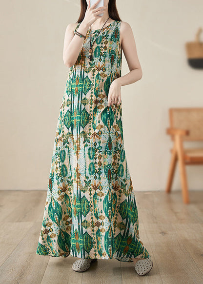 Handmade Green O-neck Print Maxi Dresses Summer