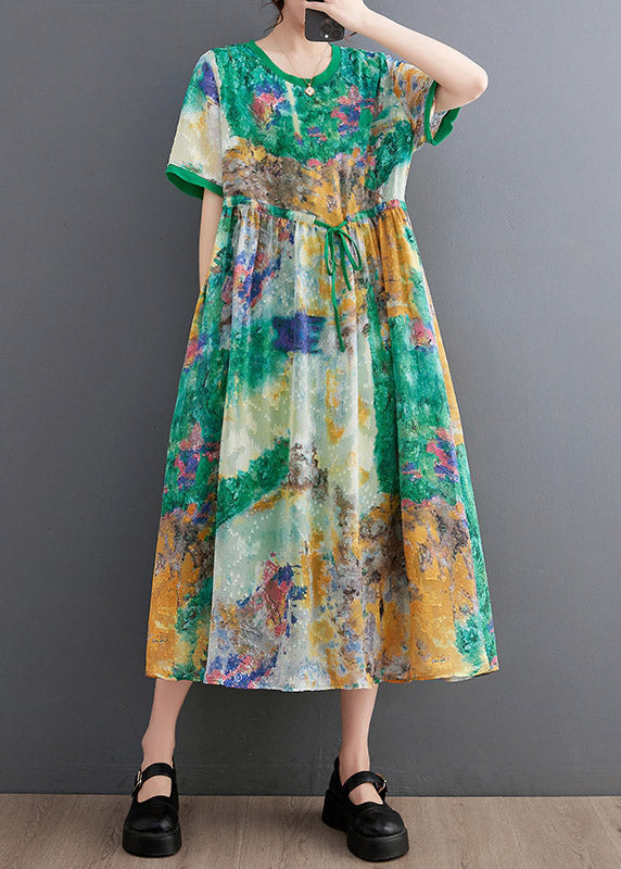 Handmade Green O-neck Print Patchwork Drawstring Maxi Dress Short Sleeve
