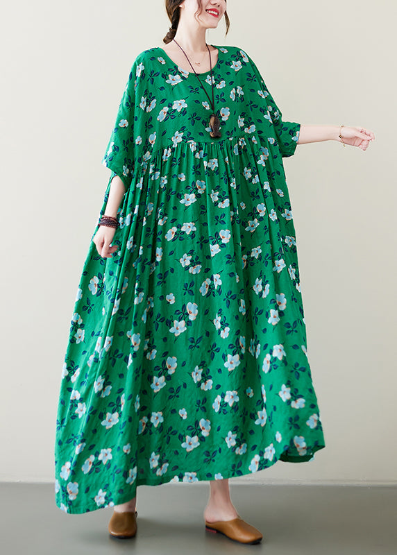 Handmade Green O-neck Print Wrinkled Long Dress Summer