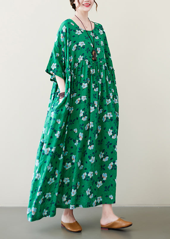 Handmade Green O-neck Print Wrinkled Long Dress Summer