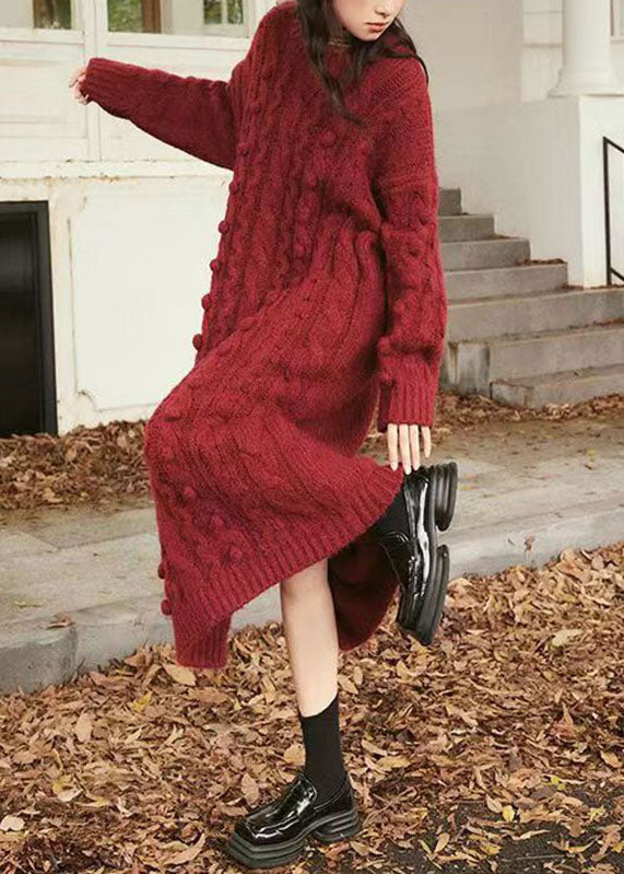 Handmade Green O-neck Side Open Cozy Cotton Knit Cable Sweater Dress Long Sleeve