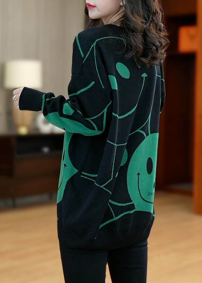 Handmade Green O-neck Smil Print Cotton Knit Sweaters Top Long Sleeve