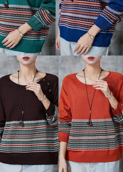 Handmade Green O-neck Striped Knit Sweaters Spring
