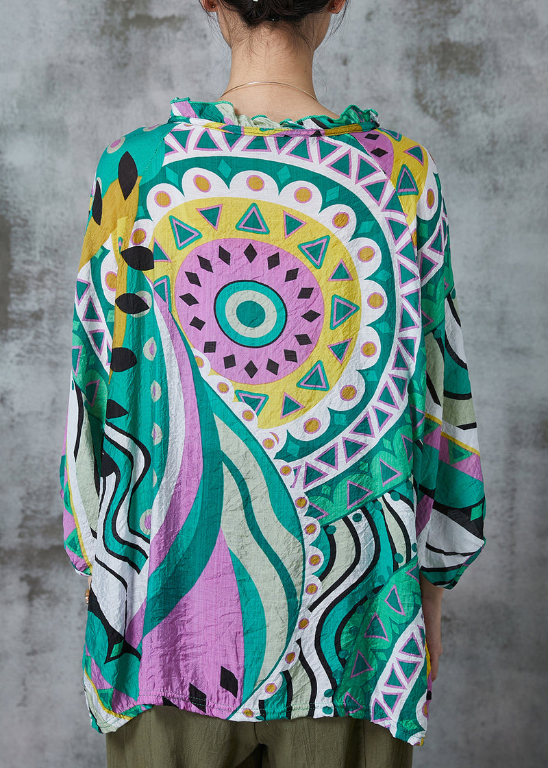 Handmade Green Oversized Print Linen Shirt Tops Summer