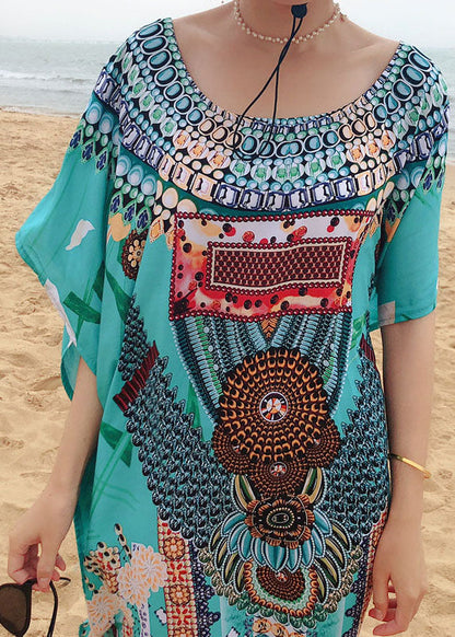Handmade Green Print O-neck Side Open Robe Summer Cotton Dress