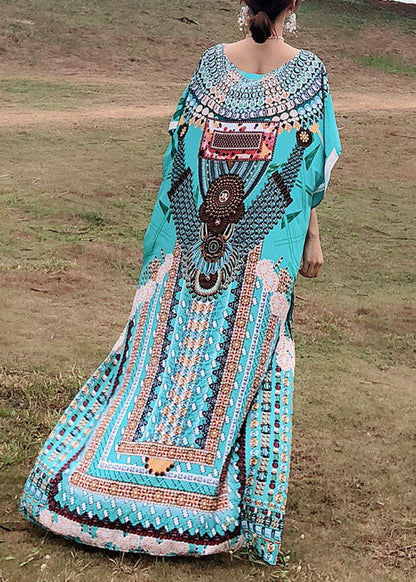 Handmade Green Print O-neck Side Open Robe Summer Cotton Dress