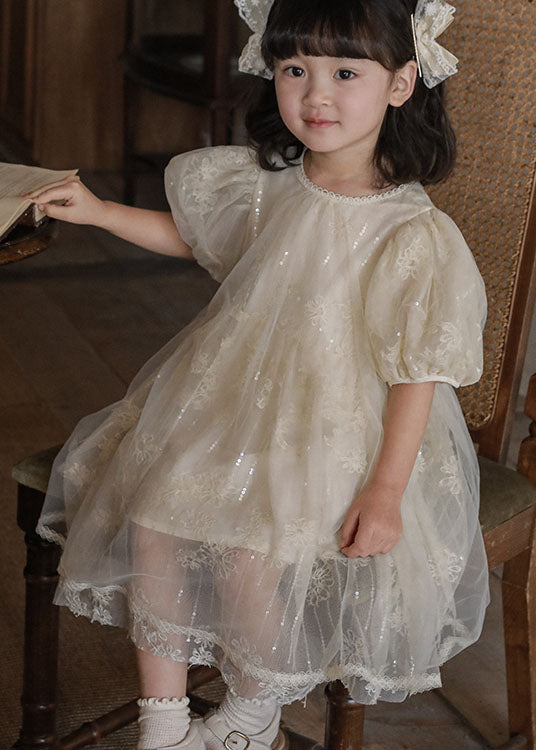 Handmade Green Sequins Patchwork Tulle Kids Dresses Puff Sleeve