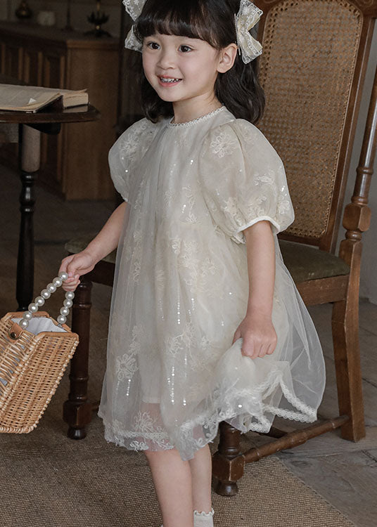 Handmade Green Sequins Patchwork Tulle Kids Dresses Puff Sleeve