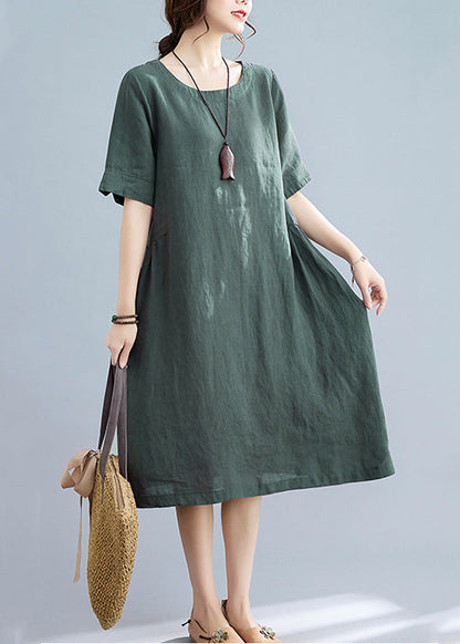 Handmade Green Wrinkled Linen Vacation Dresses Short Sleeve