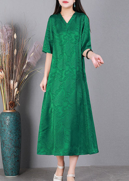 Handmade Green V Neck Jacquard Silk Long Dress Half Sleeve