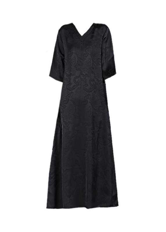 Handmade Green V Neck Jacquard Silk Long Dress Half Sleeve