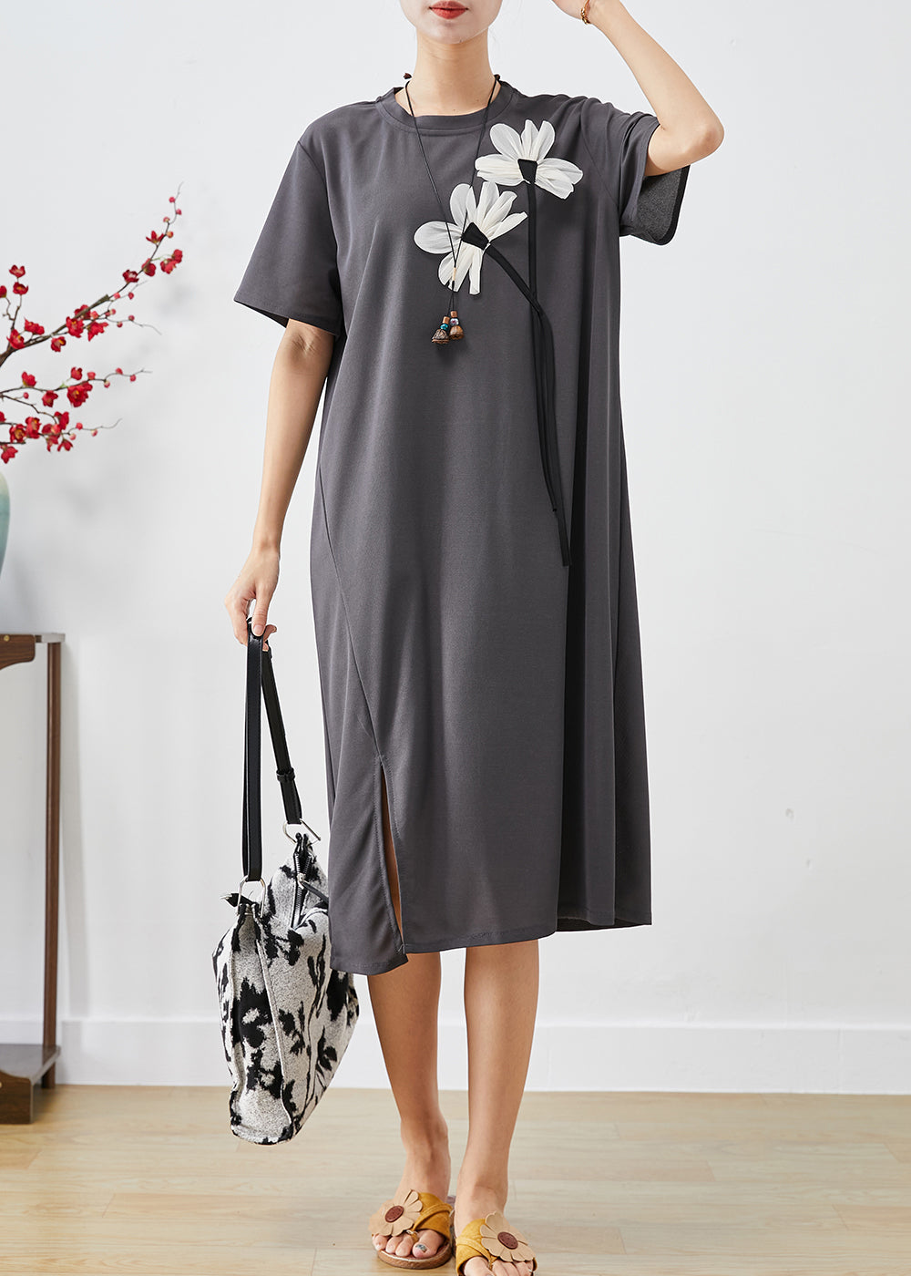 Handmade Grey Side Open Cotton Dress Summer