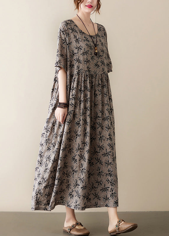 Handmade Grey O-neck Print Cotton Maxi Dress Short Sleeve