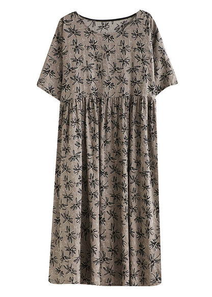 Handmade Grey O-neck Print Cotton Maxi Dress Short Sleeve