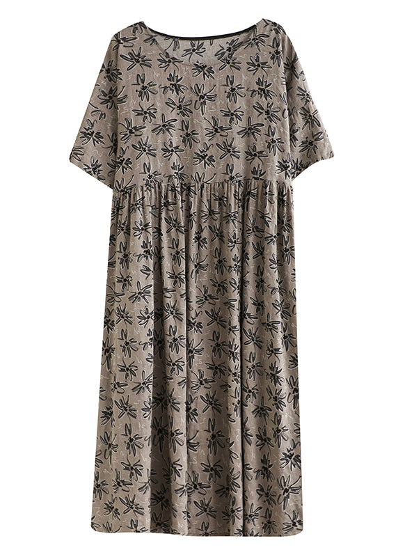 Handmade Grey O-neck Print Cotton Maxi Dress Short Sleeve