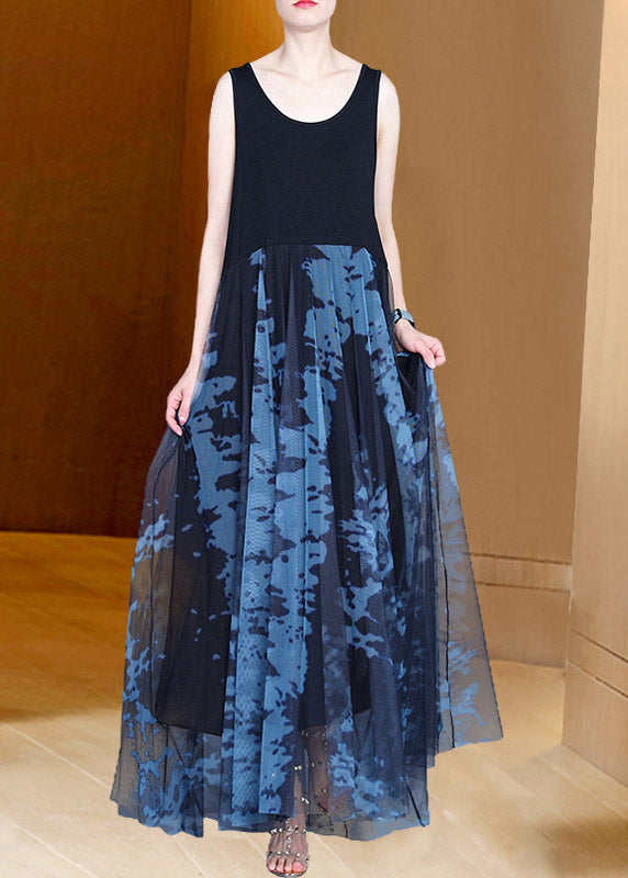 Handmade Grey O-neck Print Patchwork Tulle Maxi Dresses Summer